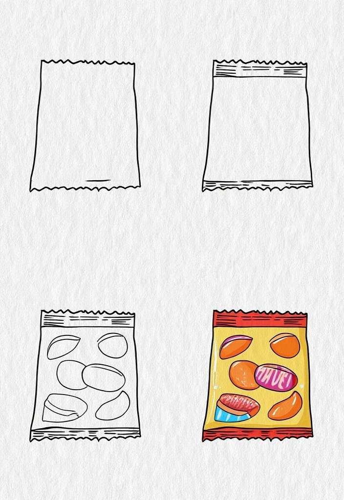 零食包裝袋子簡筆畫 預(yù)包裝食品的藝術(shù)展現(xiàn)